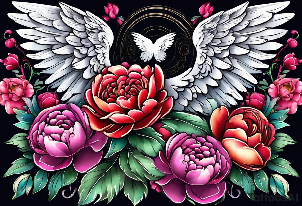 beautiful angel wings with floral peonies, roses, neon, brightly colored. highly detailed, tattoo idea