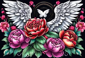 beautiful angel wings with floral peonies, roses, neon, brightly colored. highly detailed, tattoo idea