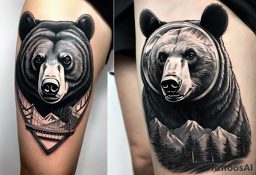 Large thigh tattoo, realism, black and white, black bear with the new river gorge bridge in the background tattoo idea