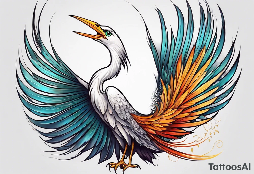 phoenix 
egret
long tail 
elegant 
wings down
long neck tattoo idea