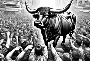 Large bull with horns busting through crowd of people tattoo idea