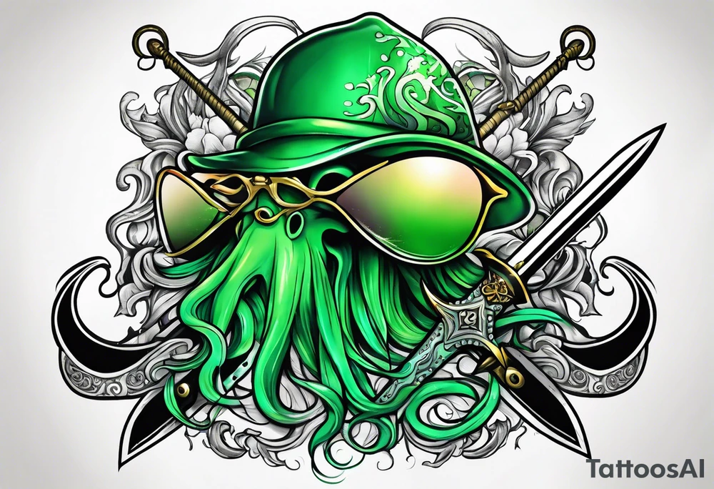green squid with eyepatch holding sword and anchor tattoo idea