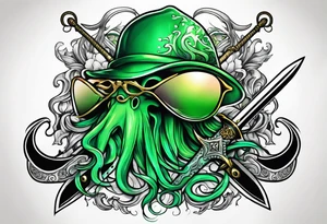 green squid with eyepatch holding sword and anchor tattoo idea