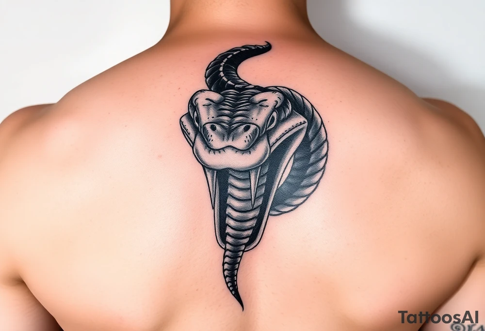 A dangerous snake it has a wide shaped cobra head with a mouth full of sharp teeth and long fangs like a sab tattoo idea