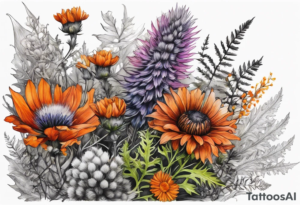 cascading mixed colored wildflowers with thistles, ferns, burnt orange flowers all in color tattoo idea