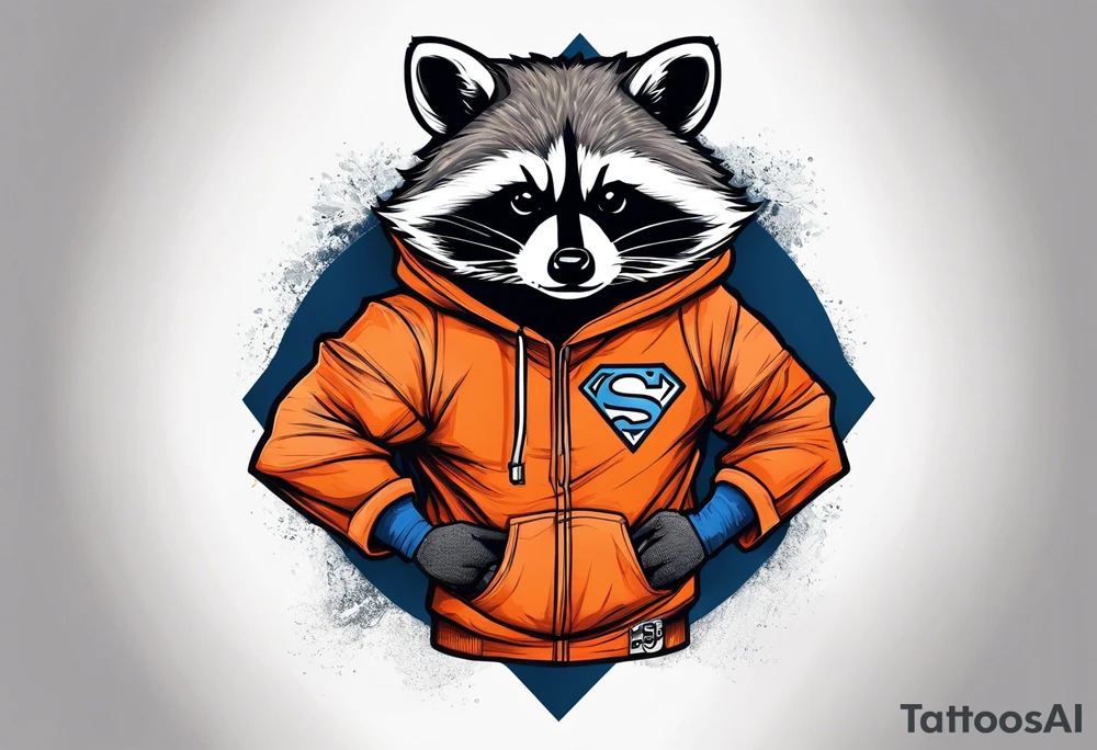 Raccoon wearing an orange Superman hoodie tattoo idea