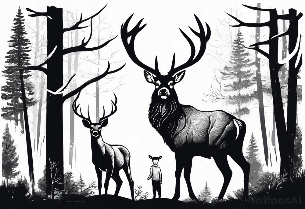 a large majestic male with large antlers, a graceful female and a small fawn. In the background, majestic trees, such as spruce and birch, tattoo idea