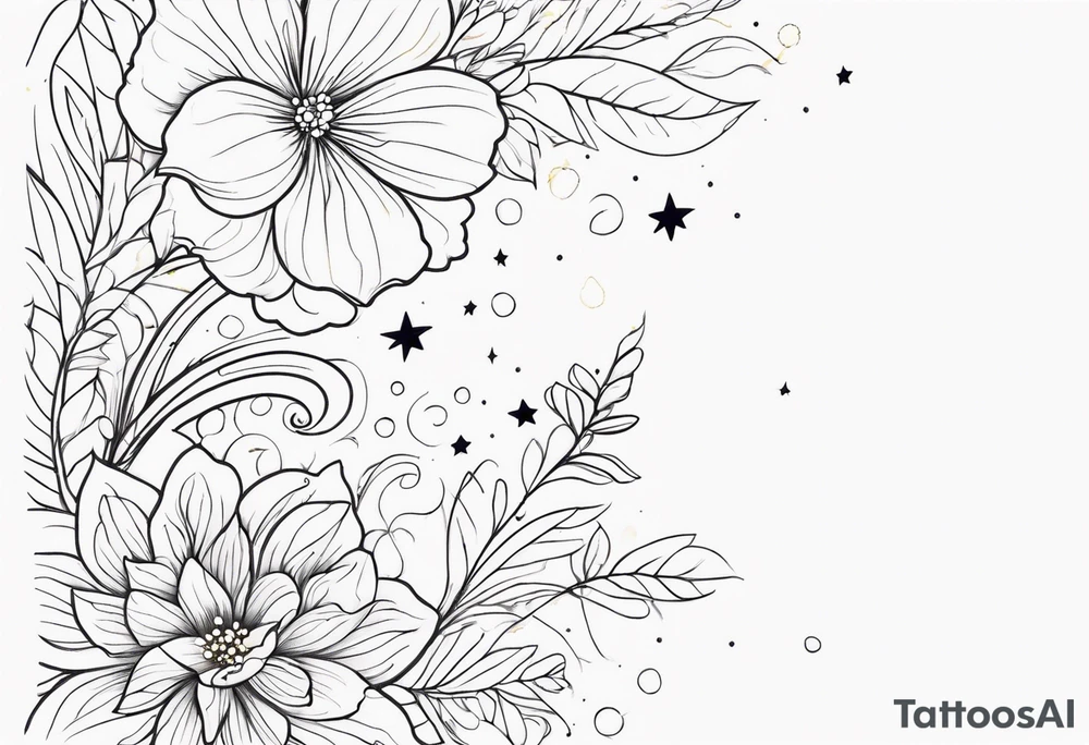 fine line floral with stars, swirls, dots tattoo idea