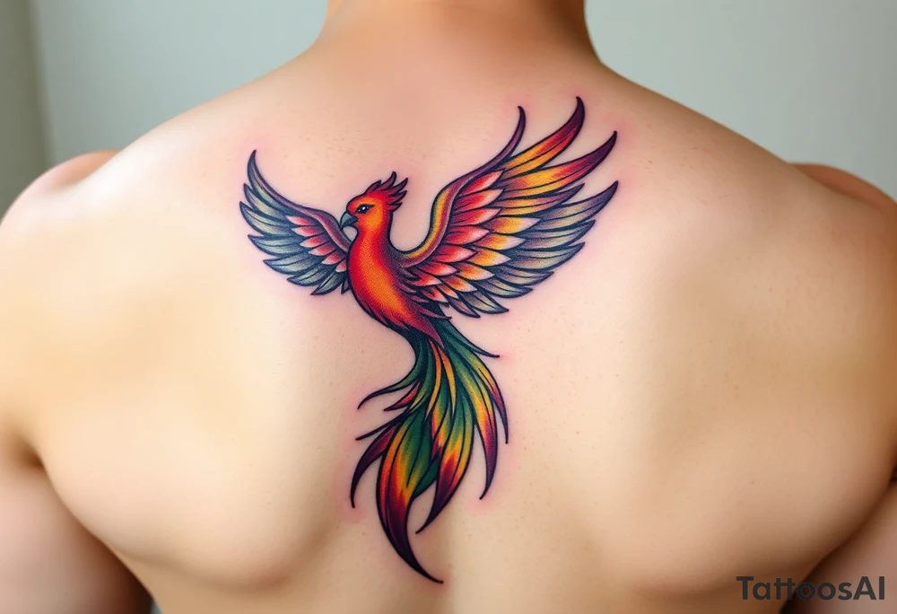 A feminine Phoenix in a rainbow of colors and a tail that looks like a peacock tattoo idea