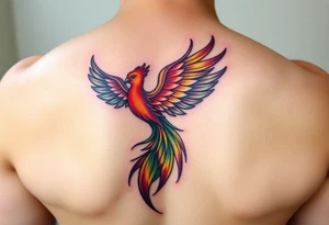 A feminine Phoenix in a rainbow of colors and a tail that looks like a peacock tattoo idea