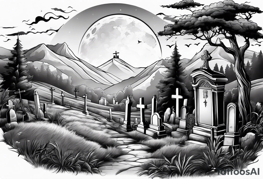 Cemetery on hills with smoke and moon tattoo idea