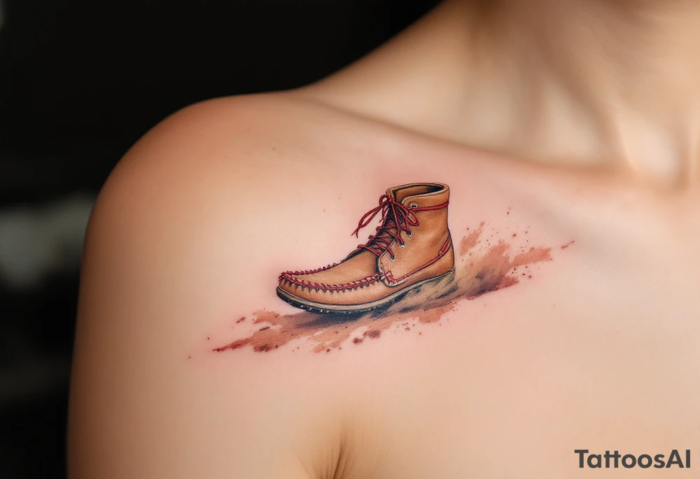 A brown moccasin print with red stitching details, walking across a dusty trail. tattoo idea