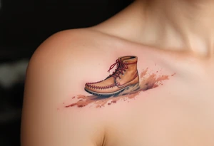 A brown moccasin print with red stitching details, walking across a dusty trail. tattoo idea