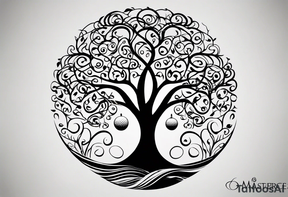 A tattoo design that incorporates the following elements: an abstract tree of life that has roots emerging  from the ground. Waves of water encapsulate the tree and wind around it in an organic way.  Incorporate music.   the letters U and A are overlapping and engraved into the tree. a golf ball incorporated but not prominent. tattoo idea