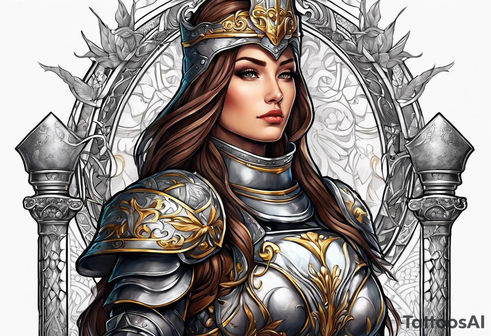 woman saint in armor with chalice tattoo idea