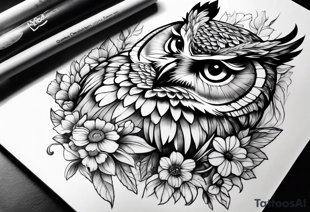 Owl and flowers full arm sleeve tattoo idea