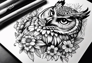 Owl and flowers full arm sleeve tattoo idea