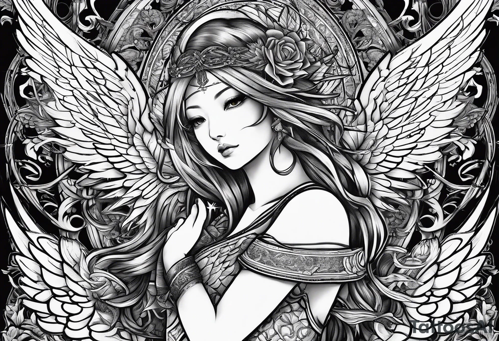 Right wing of an angel wrapping the nam written in gothic letters. tattoo idea