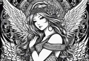 Right wing of an angel wrapping the nam written in gothic letters. tattoo idea