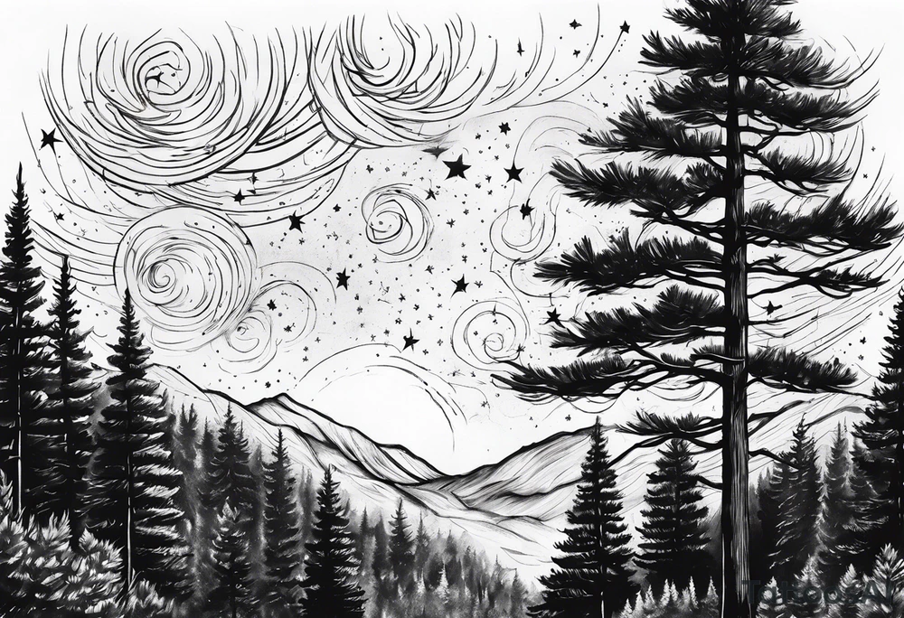 pine trees with stars in the sky tattoo idea
