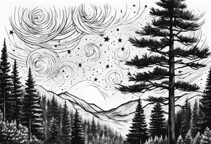 pine trees with stars in the sky tattoo idea