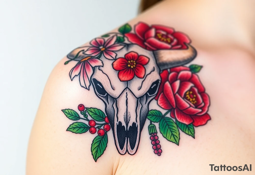 Buffalo or bison skull with flowers. Snow drop and red peony. Green holly with red berries, purple larkspur, red peony.  Colour. For upper arm or shoulder. tattoo idea