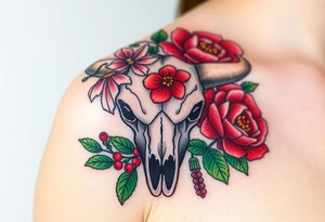 Buffalo or bison skull with flowers. Snow drop and red peony. Green holly with red berries, purple larkspur, red peony.  Colour. For upper arm or shoulder. tattoo idea