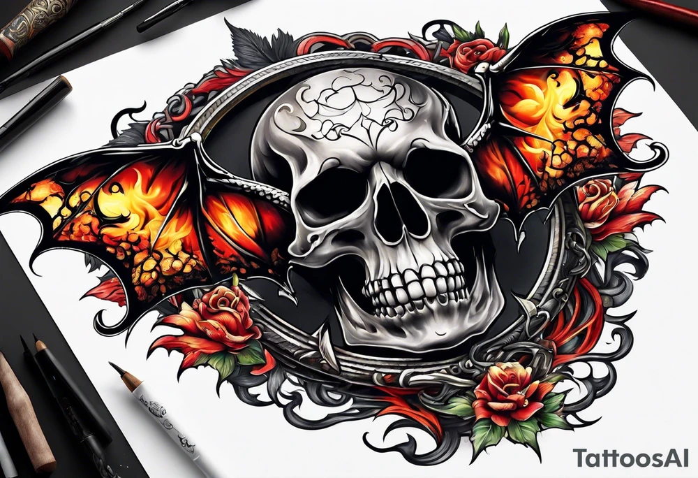 Flying fiery skull with encircling dragon tattoo idea