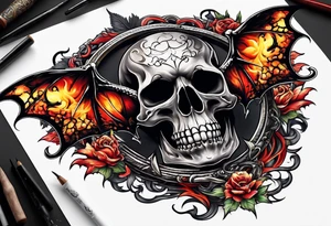 Flying fiery skull with encircling dragon tattoo idea