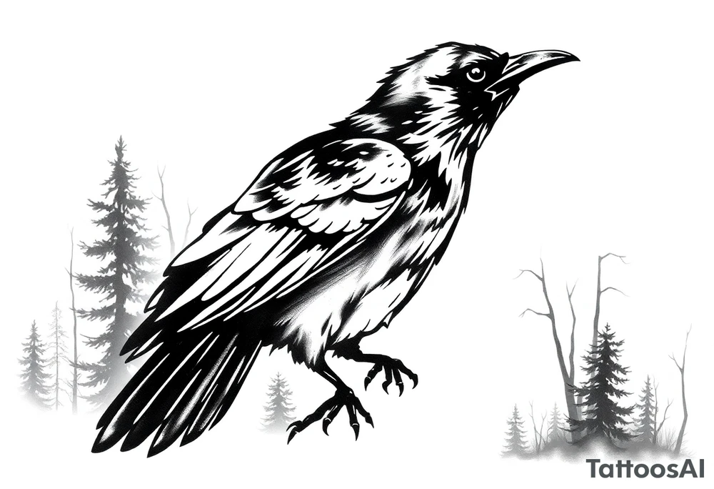 A crow with woods in the background tattoo idea