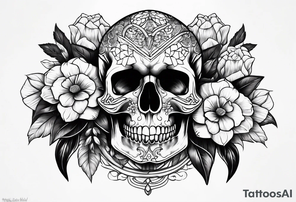 Skull with flowers and snakes tattoo idea