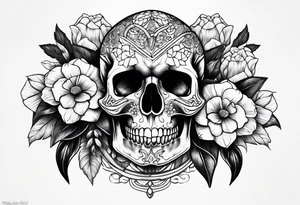Skull with flowers and snakes tattoo idea