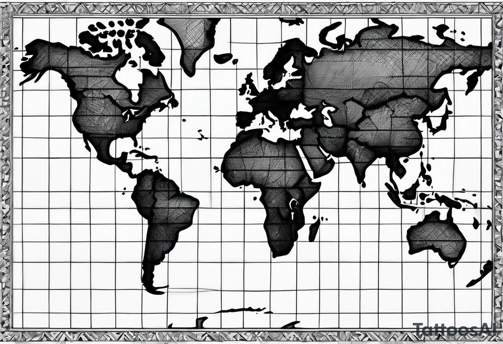a flat map of the earth on a small fading grid tattoo idea