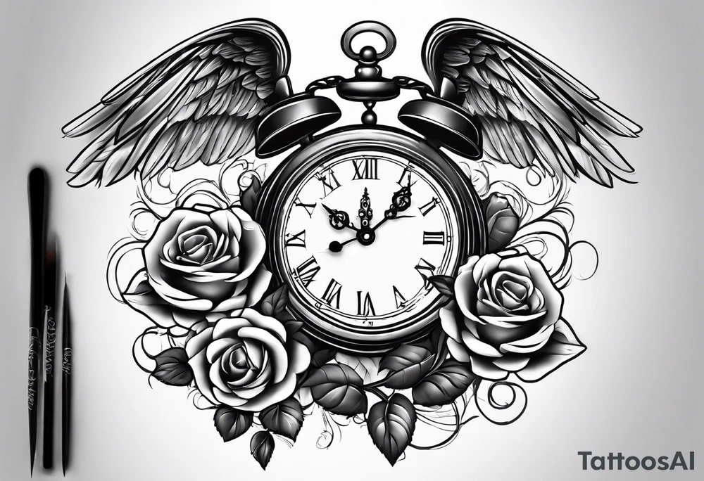 angel, roses, clock, name MARTINA tattoo idea angel, roses, clock, name MARTINA tattoo idea