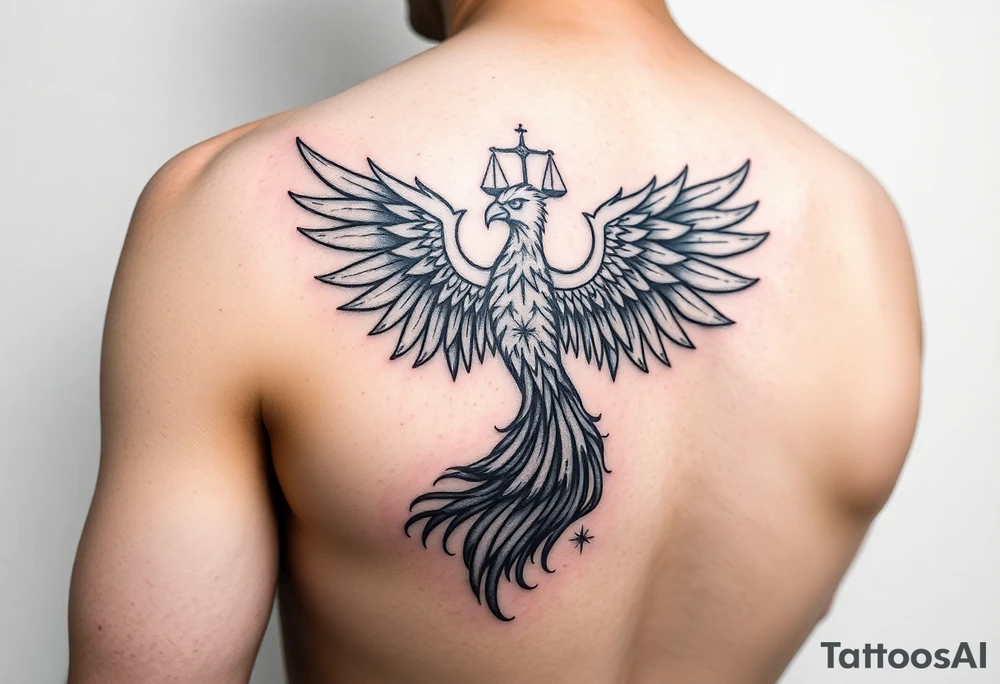 Side arm tattoo with the phoenix rising from the ashes linked with libra sign and based on discipline and the help of God.Geometric and abstract style tattoo idea
