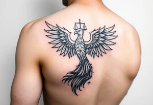 Side arm tattoo with the phoenix rising from the ashes linked with libra sign and based on discipline and the help of God.Geometric and abstract style tattoo idea