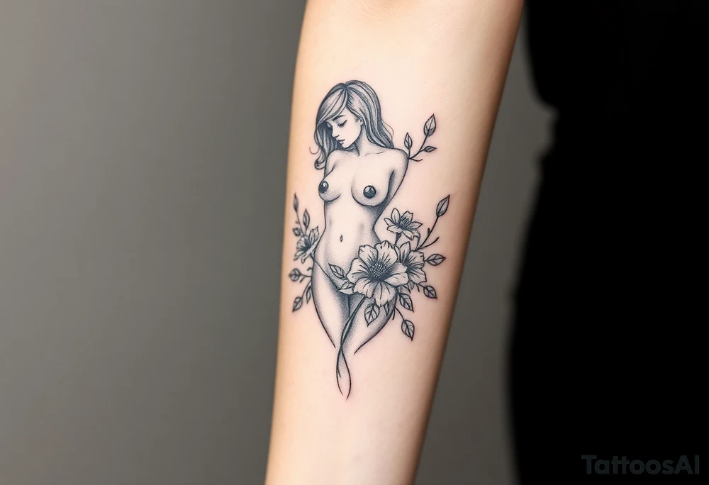 a creepy tattoo of a girls body but with flowers to represent growth tattoo idea