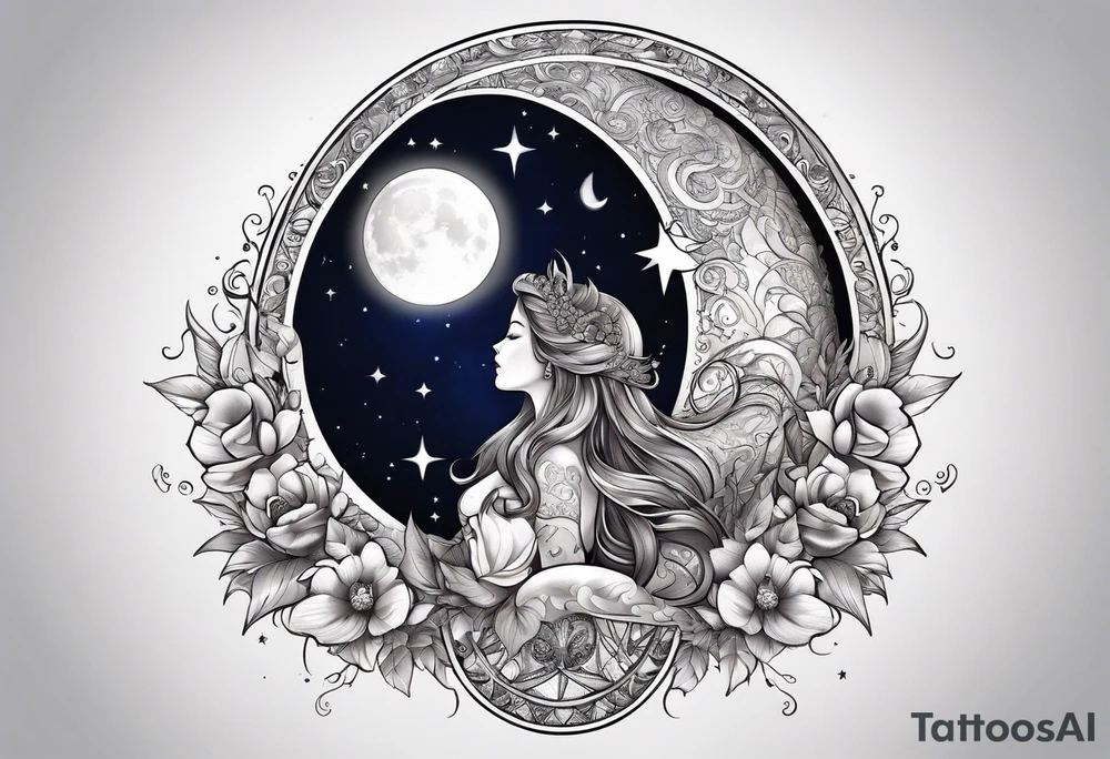 Half moon with beautiful zodiac background tattoo idea