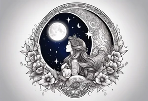 Half moon with beautiful zodiac background tattoo idea