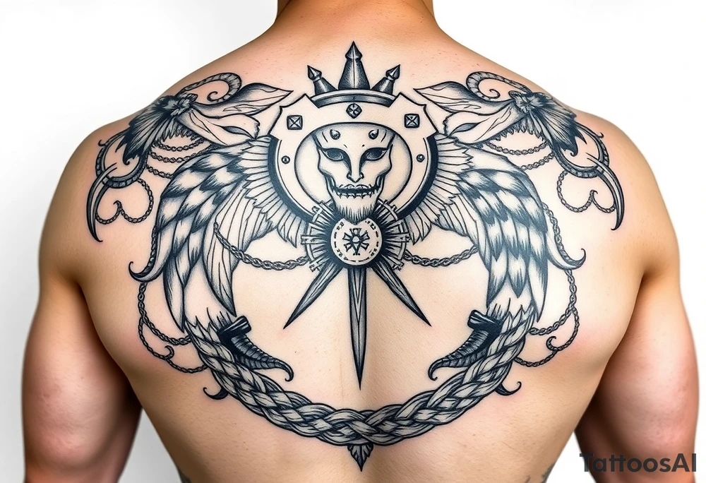 Powerful complex Full back Tattoo, including every Symbol of the 12 Greek gods and some Parts of Celtic rope work. tattoo idea