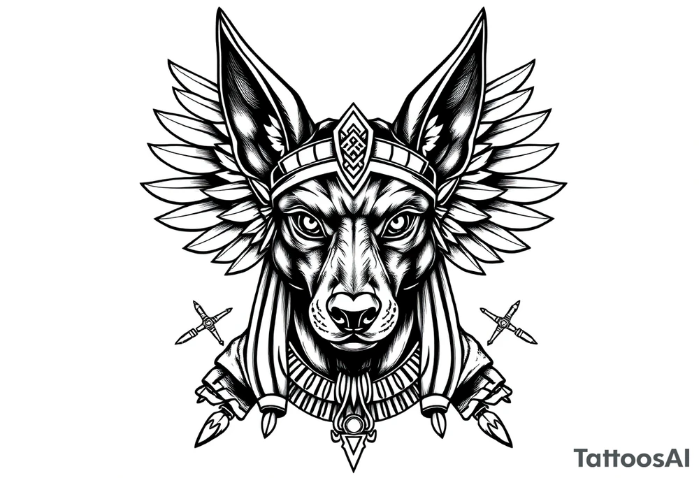 Egyptian Anubis god face muscle in Egypt style  with mantle on head with empty eyes 

dog face surrounded Egyptian symbols based on elements tattoo idea