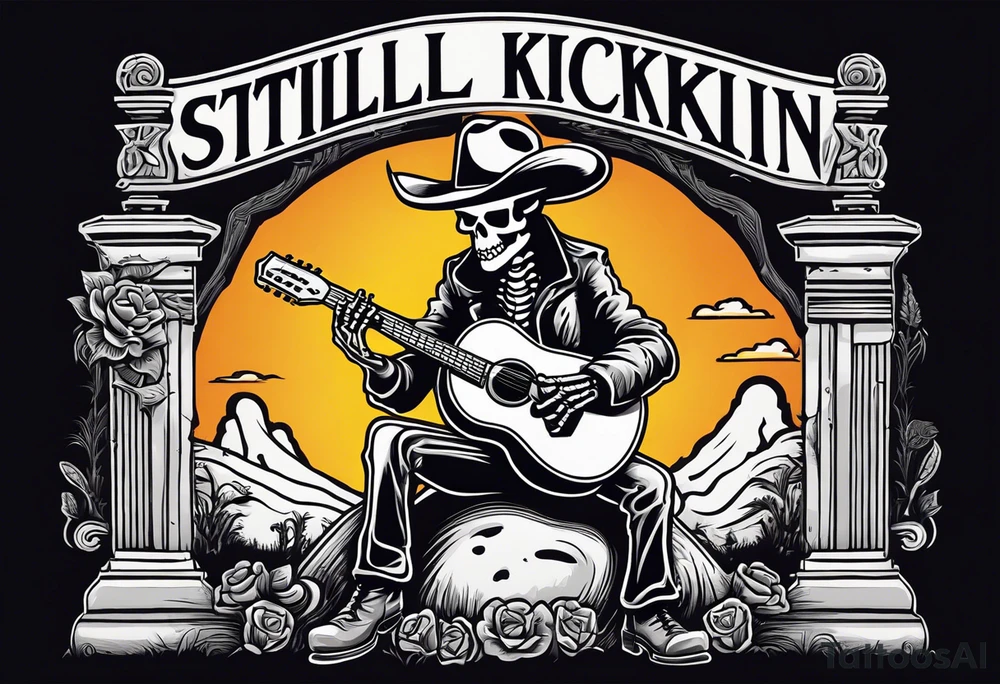 A skeleton with a cowboy hat on playing the guitar while sitting on a gravestone engraved with the words "Still Kickin'" and a pair of cowboy boots tattoo idea