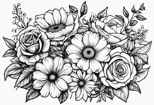 Roses, marigolds, cosmos, daisies, sweet peas and sunflowers vines long lines  in a long line tattoo idea