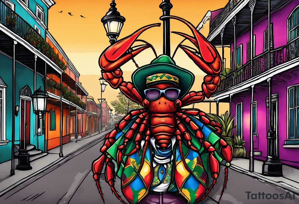 In the style of anthropomorphism, a crawfish standing by a lamp post in the French Quarter playing a saxophone while wearing a Fedora and Mardi Gras beads around his  neck tattoo idea