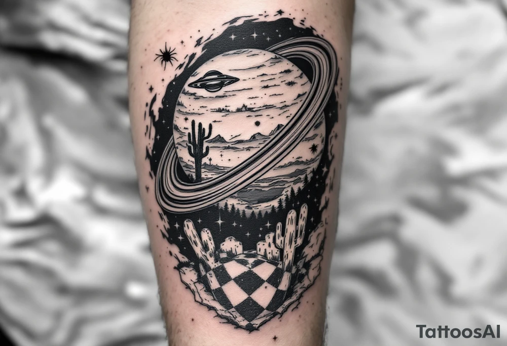 saturn with the rings being a rollercoaster track, and on the land i want the cactus jack cactus, a spider and the yeat UFO, on the forearm tattoo idea