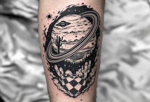 saturn with the rings being a rollercoaster track, and on the land i want the cactus jack cactus, a spider and the yeat UFO, on the forearm tattoo idea