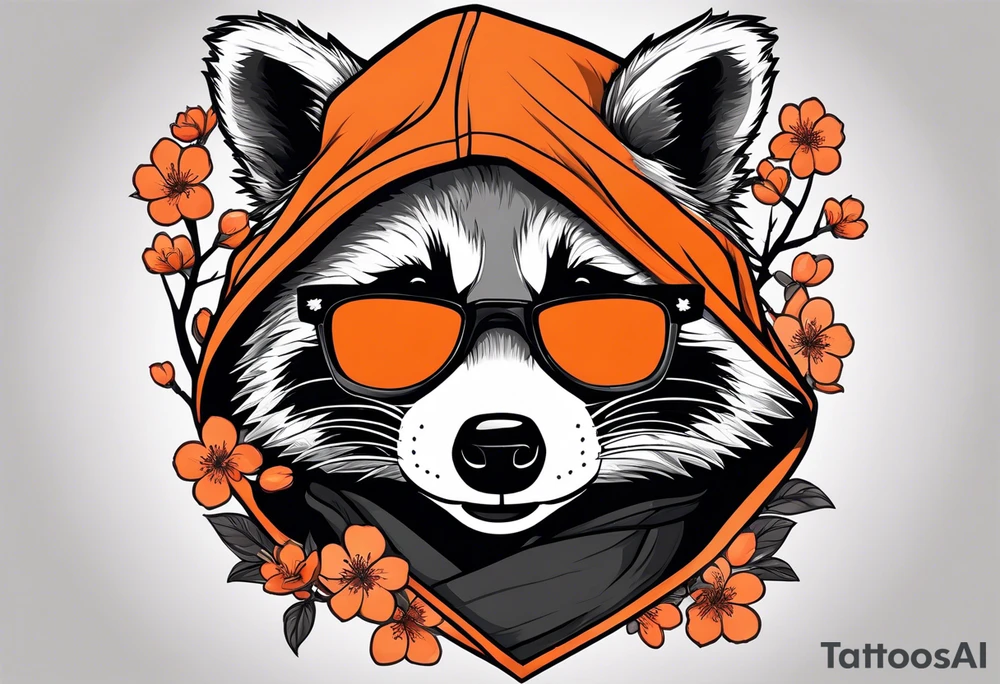 Raccoon wearing a white Superman logo on a black hoodie and orange Japanese cherry blossoms beside tattoo idea