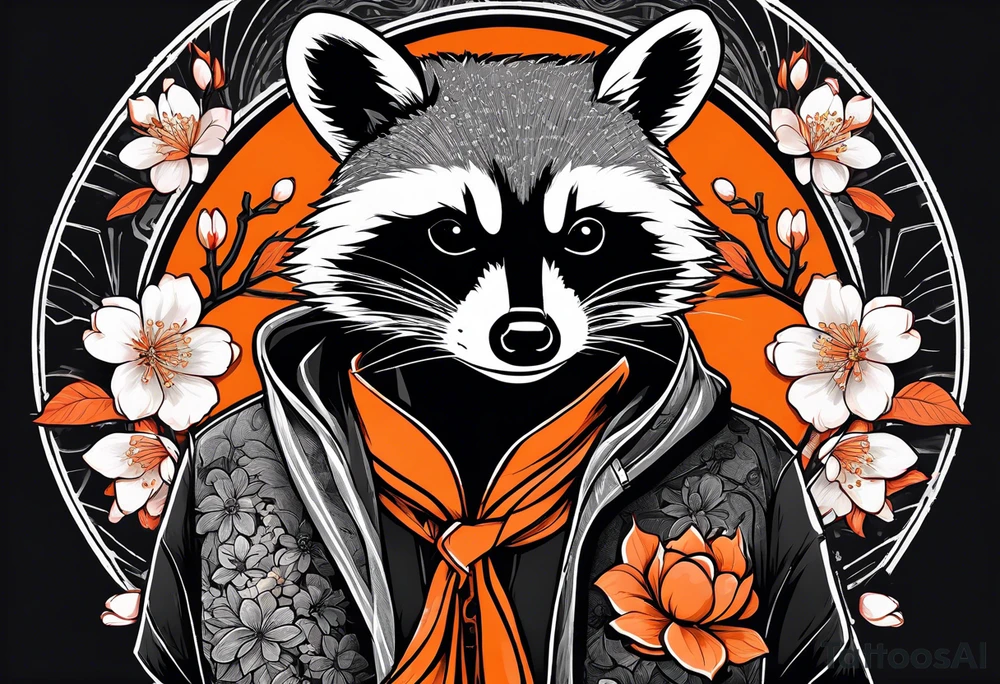 Raccoon wearing a white Superman logo on a black hoodie and orange Japanese cherry blossoms tattoo idea