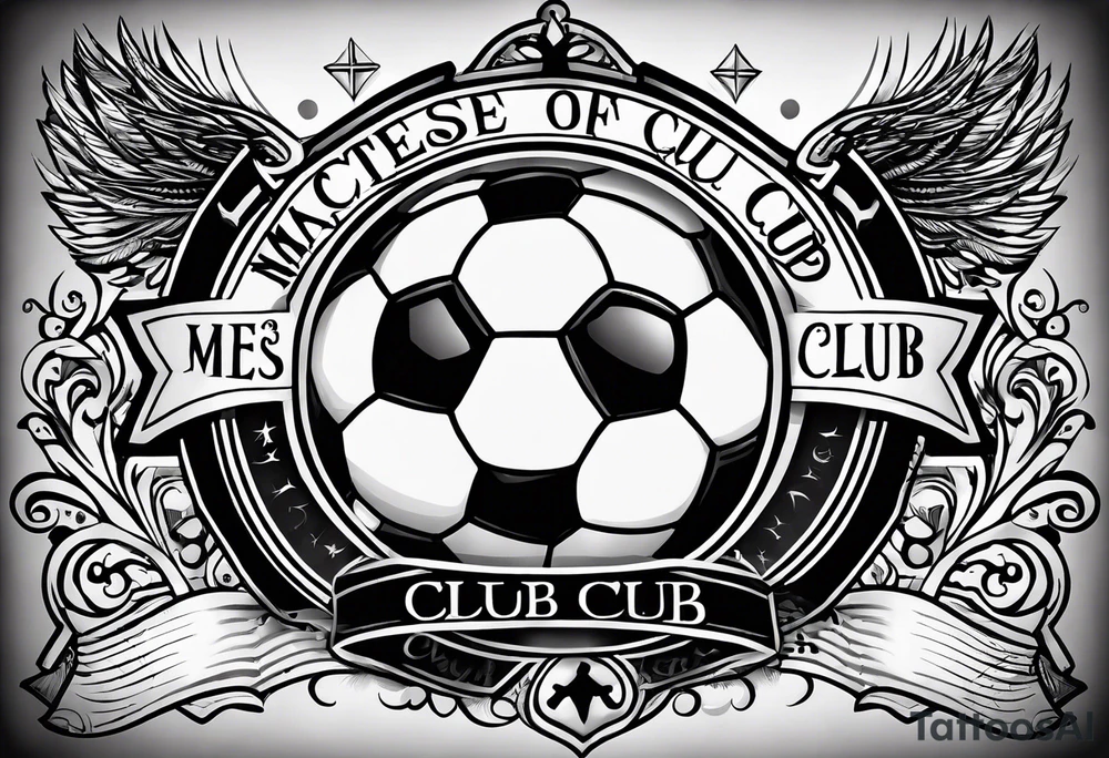 MÉS QUE UN CLUB text with soccer ball and a cross tattoo idea