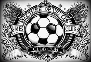 MÉS QUE UN CLUB text with soccer ball and a cross tattoo idea